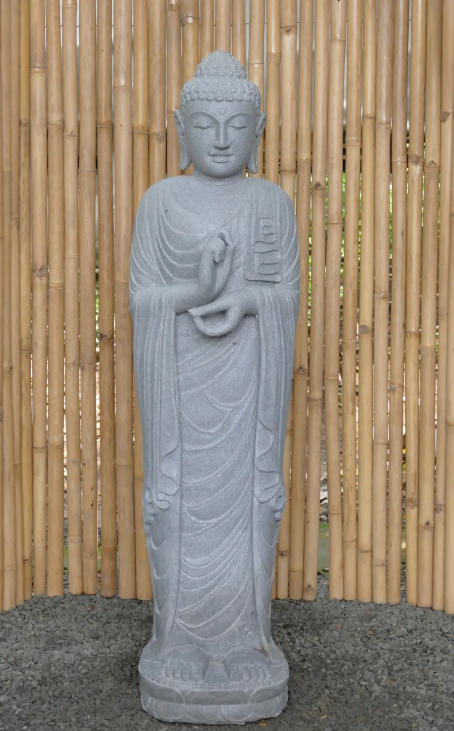  Product image 1 of the product “Standing Buddha made of Riverstone in Dharmachakra position - gesture of wheel of the teaching of Dharma. About 152cm height ”